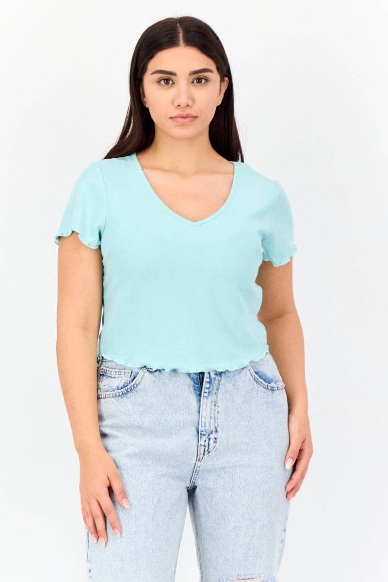 ONLY بلوزة قصيرة بأكمام قصيرة على شكل حرف V للنساء، تركواز - Image 1