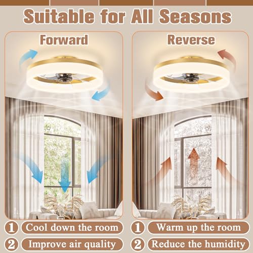 VOLISUN Low Profile Ceiling Fans with Lights and Remote,15.7in Modern Ceiling Fan Flush Mount, 3000K-6500K Dimmable Bladeless LED Fan Light,Gold Fandelier Ceiling Fans with Lights for Bedroom - Image 5