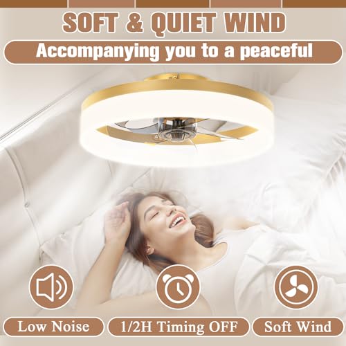 VOLISUN Low Profile Ceiling Fans with Lights and Remote,15.7in Modern Ceiling Fan Flush Mount, 3000K-6500K Dimmable Bladeless LED Fan Light,Gold Fandelier Ceiling Fans with Lights for Bedroom - Image 3
