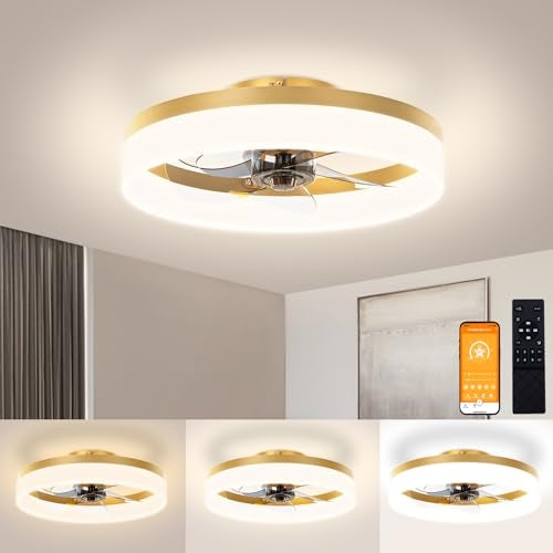 VOLISUN Low Profile Ceiling Fans with Lights and Remote,15.7in Modern Ceiling Fan Flush Mount, 3000K-6500K Dimmable Bladeless LED Fan Light,Gold Fandelier Ceiling Fans with Lights for Bedroom - Image 1