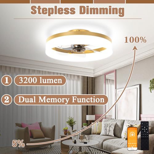 VOLISUN Low Profile Ceiling Fans with Lights and Remote,15.7in Modern Ceiling Fan Flush Mount, 3000K-6500K Dimmable Bladeless LED Fan Light,Gold Fandelier Ceiling Fans with Lights for Bedroom - Image 4