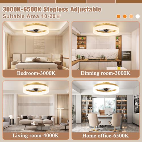 VOLISUN Low Profile Ceiling Fans with Lights and Remote,15.7in Modern Ceiling Fan Flush Mount, 3000K-6500K Dimmable Bladeless LED Fan Light,Gold Fandelier Ceiling Fans with Lights for Bedroom - Image 2