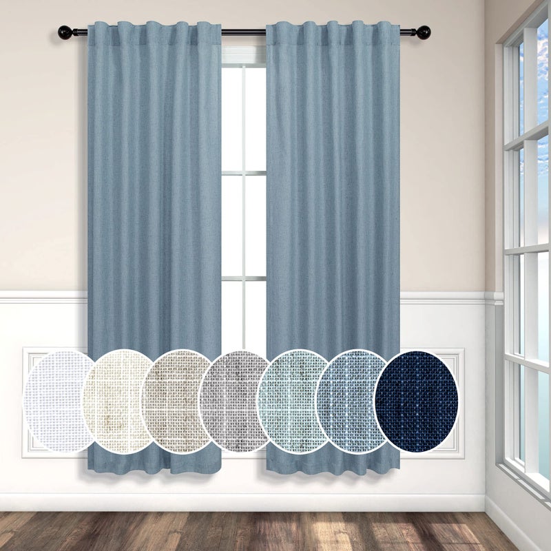 Pitalk الستائر الزرقاء 38 بوصة لعرض باب المطبخ 2 لوحات خلفية قضيب الجيب شبه شفاف الكتان نحيل فاتح الستار الصغير لغرفة النوم غسيل الملابس الجانبية النوافذ الريفية - Image 1