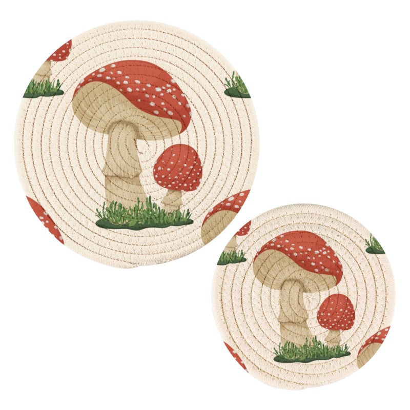 Kigai Mushroom Round Cotton Trivets Pot Holders Hot Pads Pure Cotton Stylish Coasters for Boho Farmhouse Kitchen Decor 2pcs