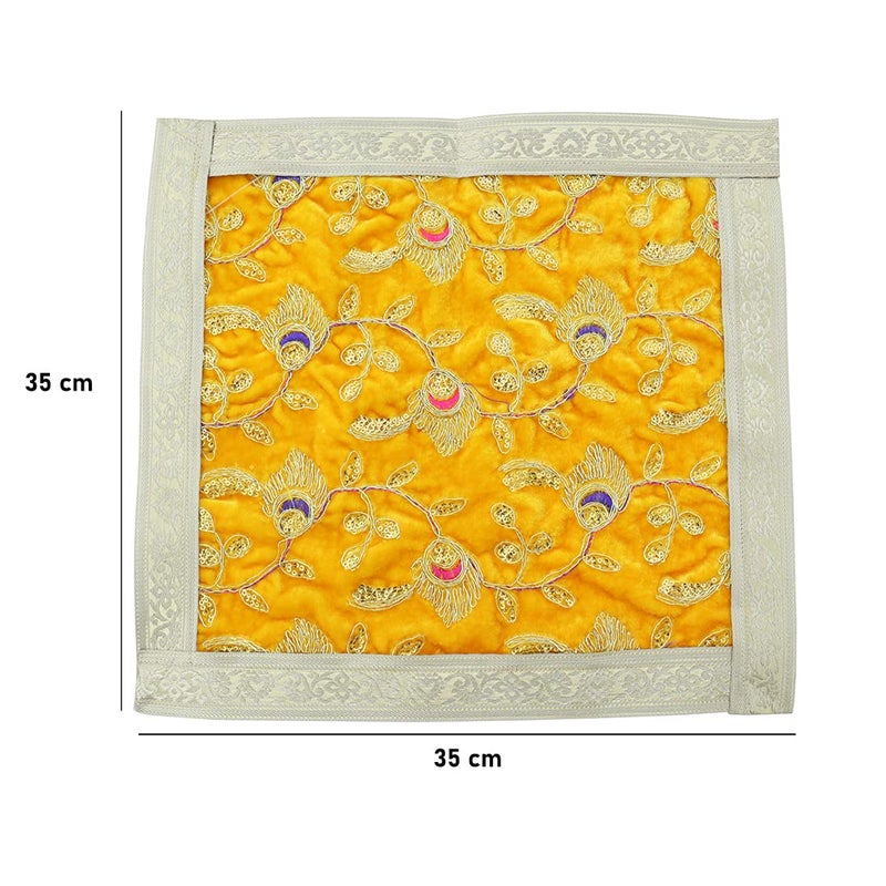 Shoppersduniya Shoppersduniya Yellow Velvet Designer Pooja Aasan for Chawrang Pat Mandir Temple Home Office Chowki 14 inches Janmashtami Special Decor  - Image 2