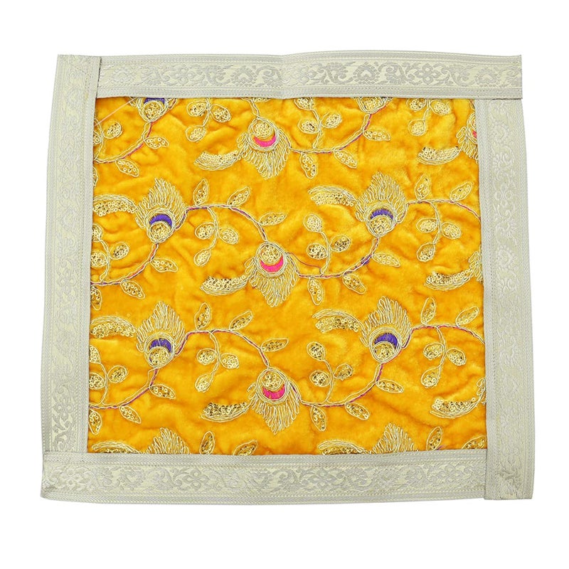 Shoppersduniya Shoppersduniya Yellow Velvet Designer Pooja Aasan for Chawrang Pat Mandir Temple Home Office Chowki 14 inches Janmashtami Special Decor  - Image 1