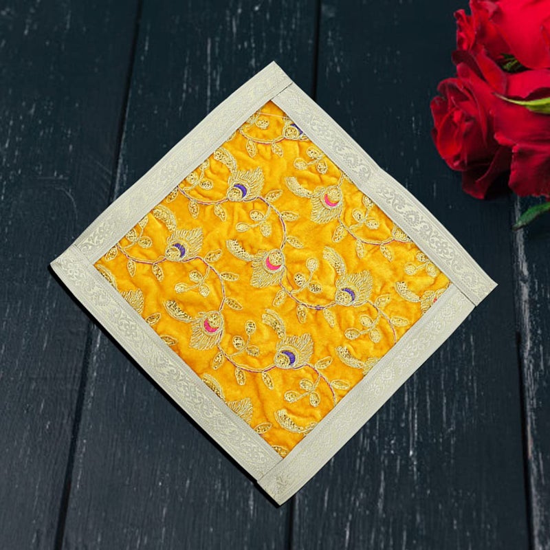 Shoppersduniya Shoppersduniya Yellow Velvet Designer Pooja Aasan for Chawrang Pat Mandir Temple Home Office Chowki 14 inches Janmashtami Special Decor  - Image 3