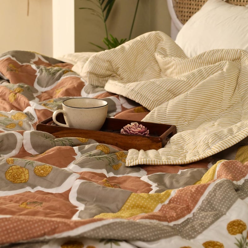 Peepul Tree Single Hand Block Printed Cotton Quilt Jaipuri Razai Softness Style Beautiful Floral AC Blanket Reversible Breathable Made in India Rust Taupe 60x90inches - Image 5