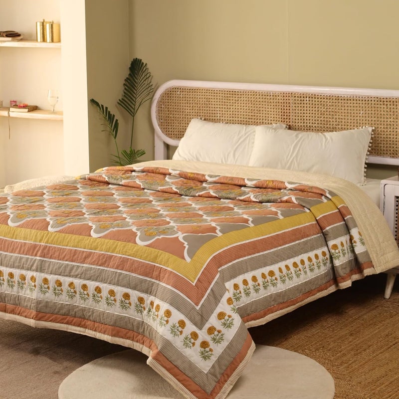 Peepul Tree Single Hand Block Printed Cotton Quilt Jaipuri Razai Softness Style Beautiful Floral AC Blanket Reversible Breathable Made in India Rust Taupe 60x90inches - Image 2