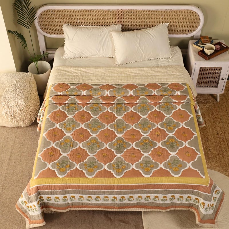 Peepul Tree Single Hand Block Printed Cotton Quilt Jaipuri Razai Softness Style Beautiful Floral AC Blanket Reversible Breathable Made in India Rust Taupe 60x90inches - Image 1