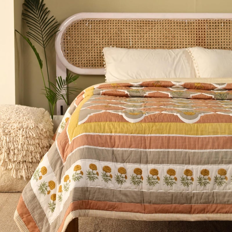 Peepul Tree Single Hand Block Printed Cotton Quilt Jaipuri Razai Softness Style Beautiful Floral AC Blanket Reversible Breathable Made in India Rust Taupe 60x90inches - Image 3