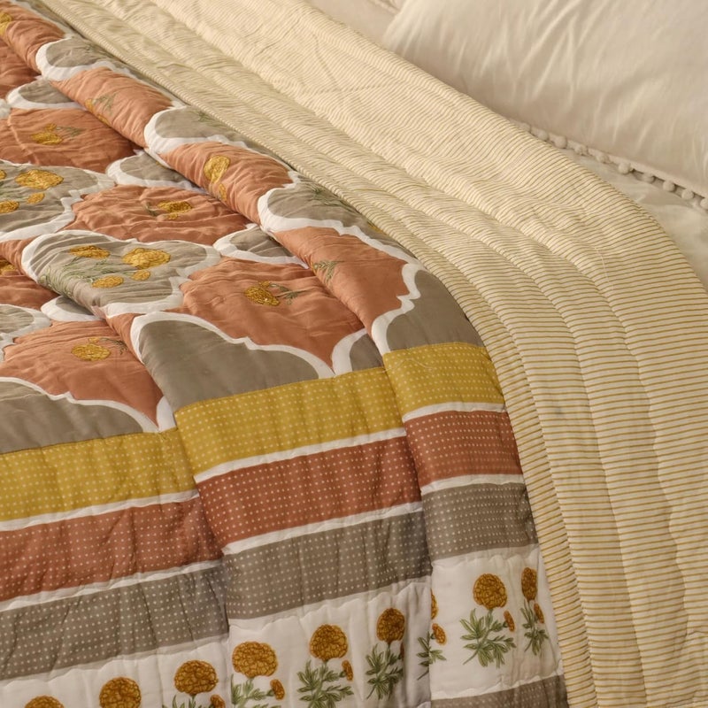 Peepul Tree Single Hand Block Printed Cotton Quilt Jaipuri Razai Softness Style Beautiful Floral AC Blanket Reversible Breathable Made in India Rust Taupe 60x90inches - Image 4
