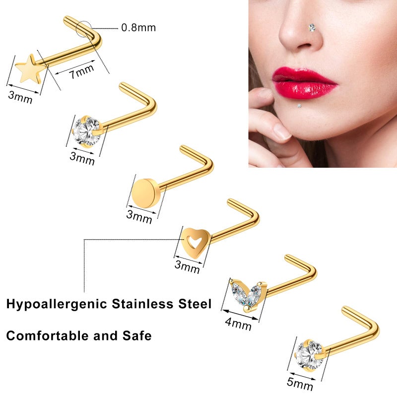 ONESING 29 PCS Gold Nose Rings for Women 20g Nose Piercings with Nose Rings Hoops L shaped Nose Screw Surgical Stainless Steel Nose Studs CZ Heart Star Hypoallergenic Nostril Nose Piercing Jewelry - Image 3