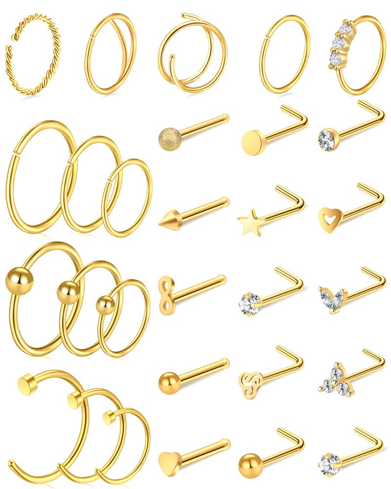 ONESING 29 PCS Gold Nose Rings for Women 20g Nose Piercings with Nose Rings Hoops L shaped Nose Screw Surgical Stainless Steel Nose Studs CZ Heart Star Hypoallergenic Nostril Nose Piercing Jewelry - Image 1