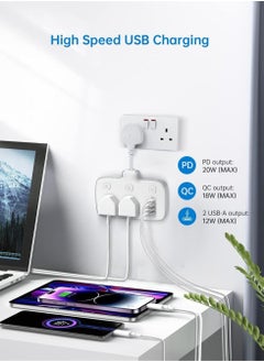 Y&D Multi Plug Extension With USB 2 Way Lead Power Socket 4 D Fast Charger Total 20W Max 2500W Wall power Adaptor 6 in 1 for Home Office Kitchen Travel  - Image 3