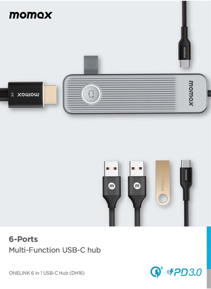 Momax - ONELINK 6 in 1 Multi-Function USB-C Hub USB-C 3.2 Up to 5Gps USB-C 100W PD 3.0 Charging and Data Transfer - Space Grey - Image 1