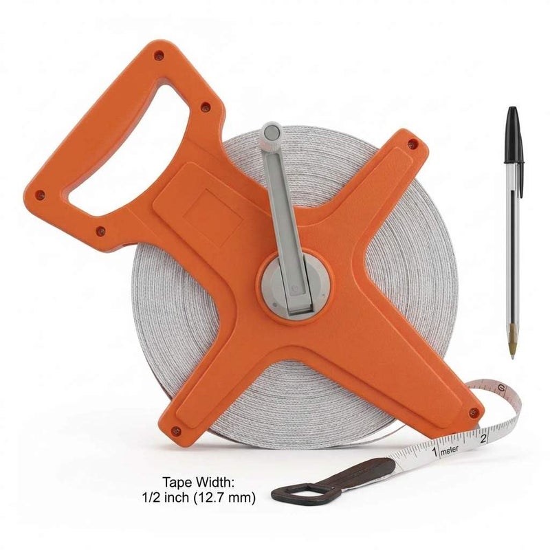 QWORK 1/2" x 100' Fiberglass Tape Measure, Engineer's Open Reel Dual Sided Measure, Orange - Image 3