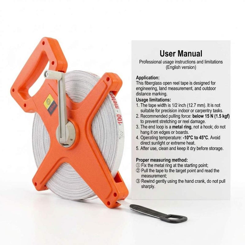 QWORK 1/2" x 100' Fiberglass Tape Measure, Engineer's Open Reel Dual Sided Measure, Orange - Image 2