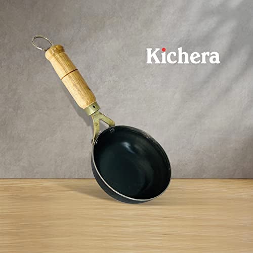 Kichera 5 Inch Pre-Seasoned Iron Tadka Pan with Wooden Handle |13cm, 0.4kg | Thalippu karandi| Gas Compatible | Frying Pan for Eggs, Spices and More - Image 4