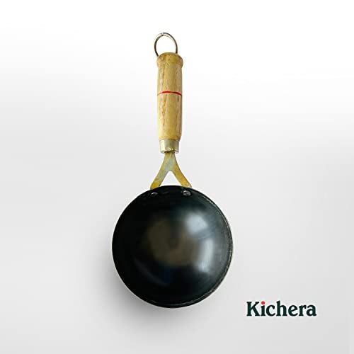Kichera 5 Inch Pre-Seasoned Iron Tadka Pan with Wooden Handle |13cm, 0.4kg | Thalippu karandi| Gas Compatible | Frying Pan for Eggs, Spices and More - Image 5