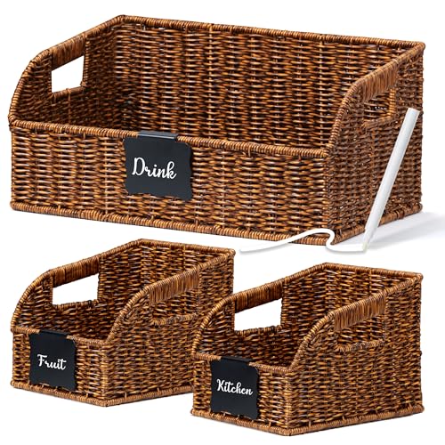 Stylave Pantry Organizers, Handwoven Large Wicker Baskets for Shelves, Labeled Storage Baskets for Organizing with Handles - Waterproof Plastic Storage Bins, Boho Decorative, 3Pack, Brown - Image 1