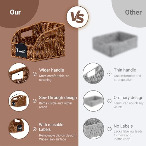 Stylave Pantry Organizers, Handwoven Large Wicker Baskets for Shelves, Labeled Storage Baskets for Organizing with Handles - Waterproof Plastic Storage Bins, Boho Decorative, 3Pack, Brown - Image 4