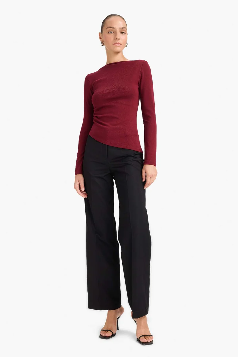 DeFacto Slim Fit Boat Neck Rib Long Sleeve T-Shirt