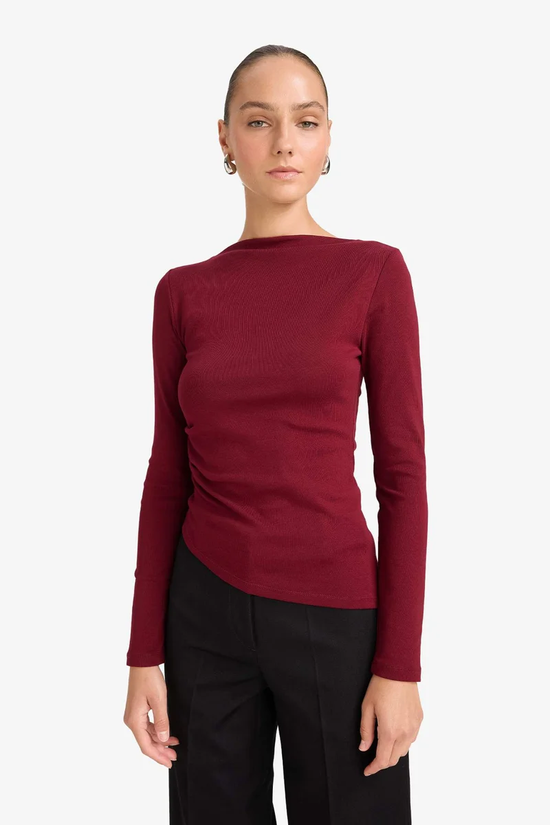 DeFacto Slim Fit Boat Neck Rib Long Sleeve T-Shirt