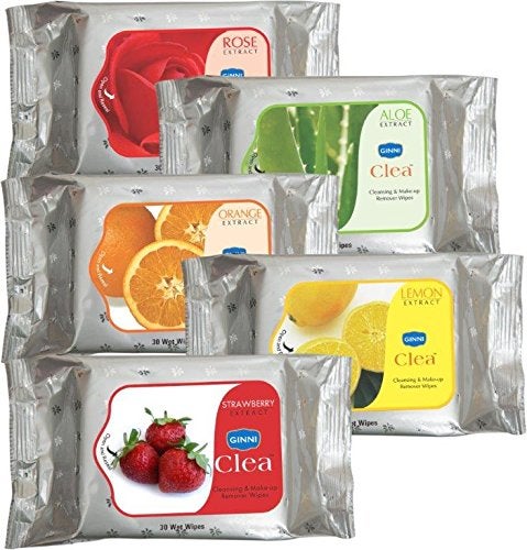 GINNI CLEA Cleansing & Makeup Remover Wipes - 5 Varieties (Rose, Lemon, Aloe Vera, Orange, Strawberry) | Gentle & Hydrating Face Wipes for All Skin Types | Pack of 5 (30 Wipes Per Pack) - Image 1