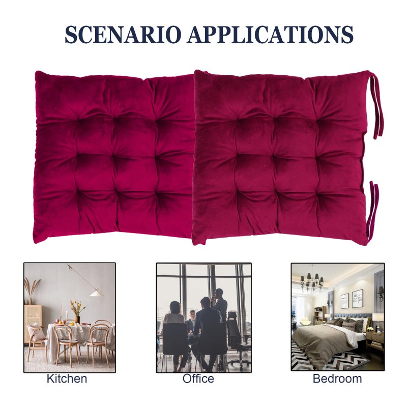 MissSoul 2 Pack Square Seat Cushion Chair Pads for Kitchen Dining Chairs  Soft Comfort Velvet Chair Mat Pillow Cushions with Ties for Office Desk Living Room Tatami 15.5 ""  Burgundy - Image 4