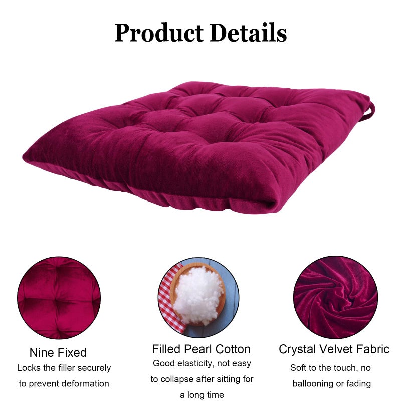 MissSoul 2 Pack Square Seat Cushion Chair Pads for Kitchen Dining Chairs  Soft Comfort Velvet Chair Mat Pillow Cushions with Ties for Office Desk Living Room Tatami 15.5 ""  Burgundy - Image 2