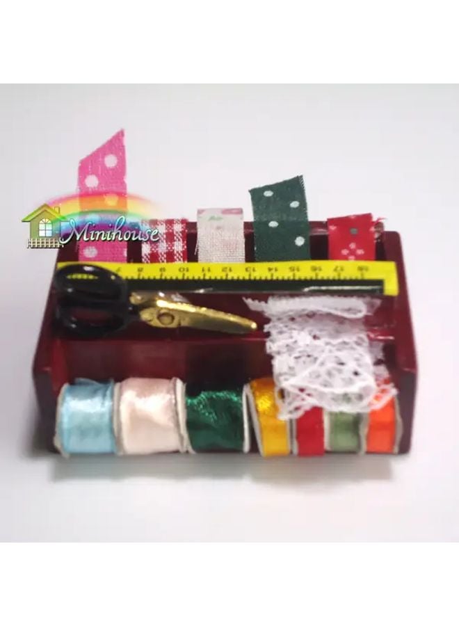 Multicolor Miniature Dollhouse Sewing Box With Lace Scissors Threads Tailor Scene Decor - Image 4
