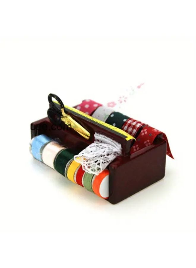 Multicolor Miniature Dollhouse Sewing Box With Lace Scissors Threads Tailor Scene Decor - Image 1