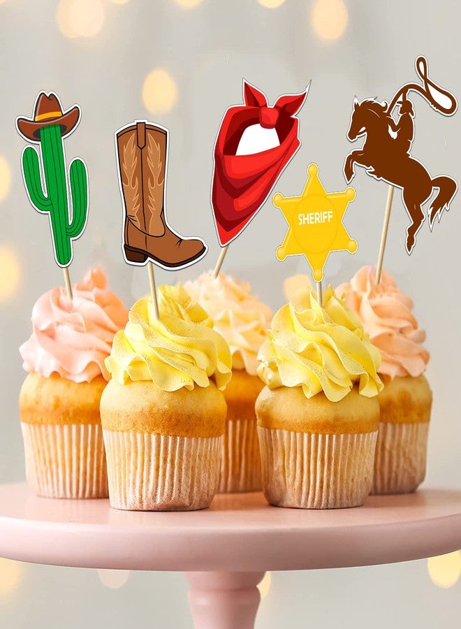 WPARHUS 32 Pcs Cowboy Cupcake Toppers - Cowboy & Cowgirl Birthday Party Decorations for Kids - Horse, Cactus, Hat, Boot Cake Toppers - Baby Shower Supplies - Image 3