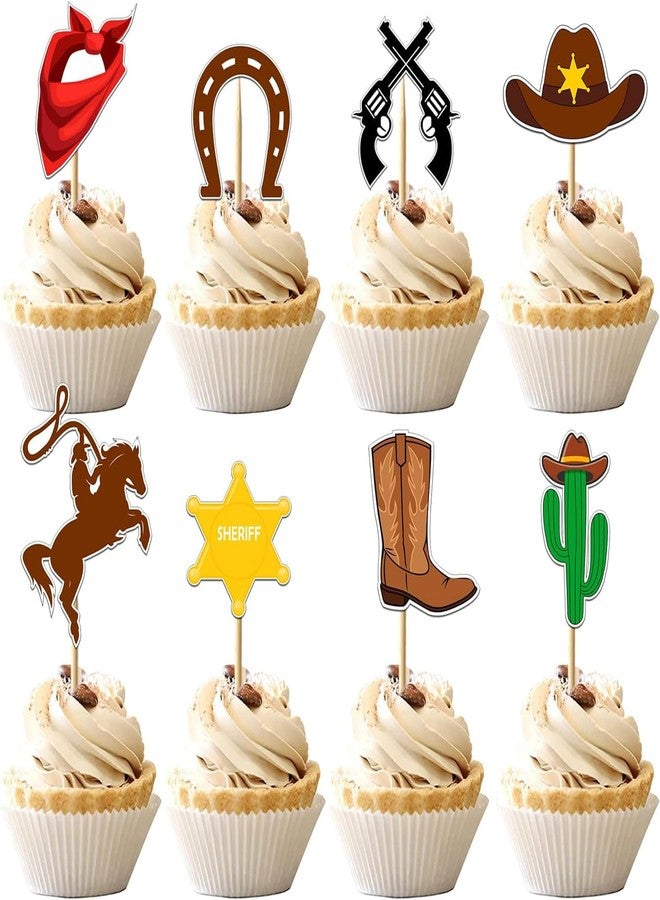 WPARHUS 32 Pcs Cowboy Cupcake Toppers - Cowboy & Cowgirl Birthday Party Decorations for Kids - Horse, Cactus, Hat, Boot Cake Toppers - Baby Shower Supplies - Image 1