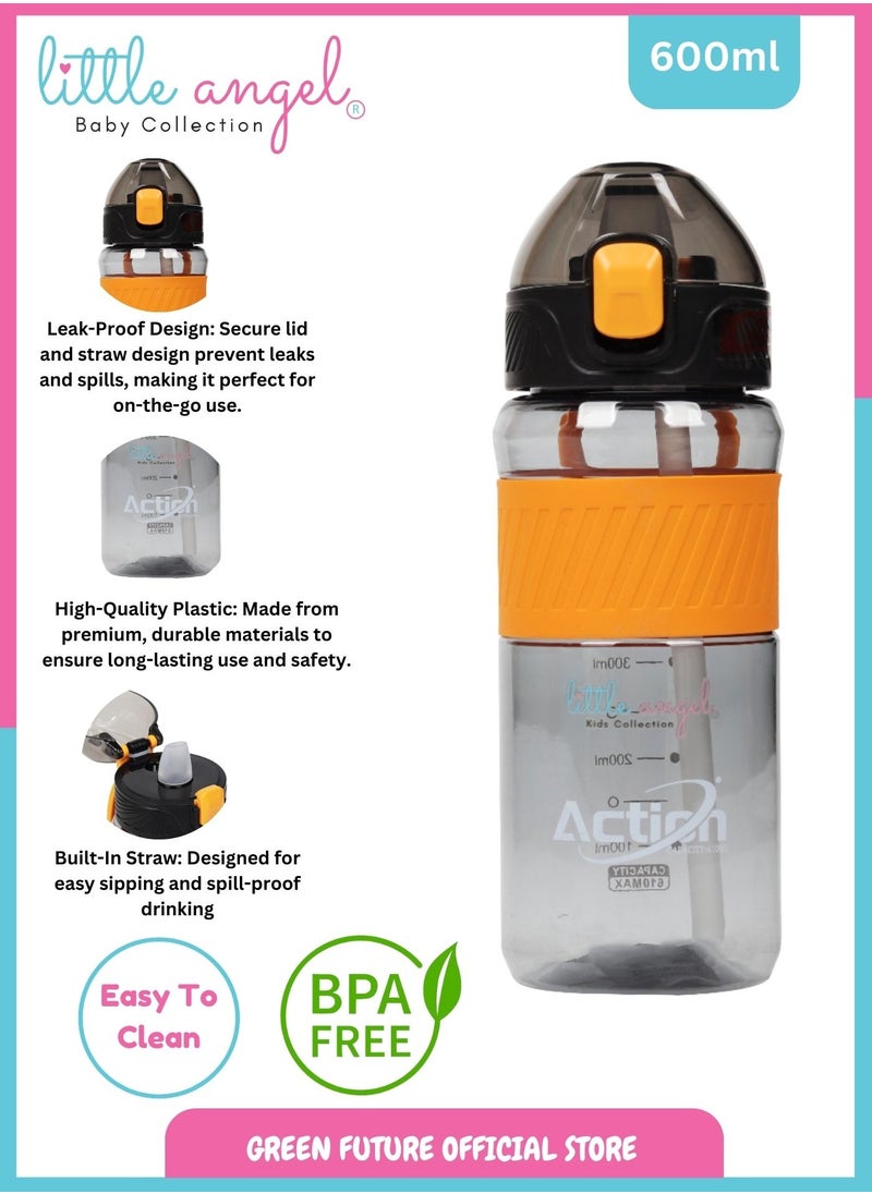 Little Angel Kids Collection 600ml Water Bottle with Leak-Proof Lid, Durable Straw for School, Sports & Outdoor Activities - Black in arabic  - Image 2