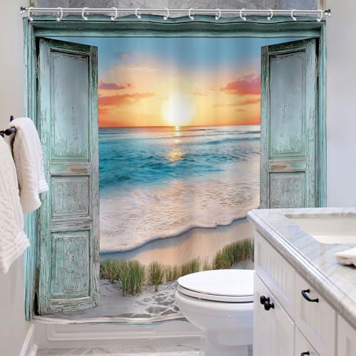 Riyidecor Ocean Beach Teal Barn Door Shower Curtain for Bathroom Decor 72Wx72H Hawaiian Sunset Scenery Sea Wave Retro Wood Rustic Nature Art Printed Fabric Polyester Waterproof 12 Pack Plastic Hooks - Image 4