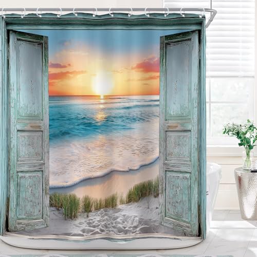Riyidecor Ocean Beach Teal Barn Door Shower Curtain for Bathroom Decor 72Wx72H Hawaiian Sunset Scenery Sea Wave Retro Wood Rustic Nature Art Printed Fabric Polyester Waterproof 12 Pack Plastic Hooks - Image 2