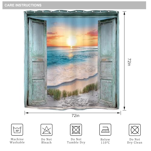 Riyidecor Ocean Beach Teal Barn Door Shower Curtain for Bathroom Decor 72Wx72H Hawaiian Sunset Scenery Sea Wave Retro Wood Rustic Nature Art Printed Fabric Polyester Waterproof 12 Pack Plastic Hooks - Image 5