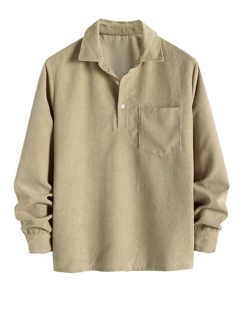 ZAFUL Pullover Corduroy Shirt for Men Long Sleeve Half Button Up Shirt with Pocket Casual Work Winter Shirt Khaki L - Image 1