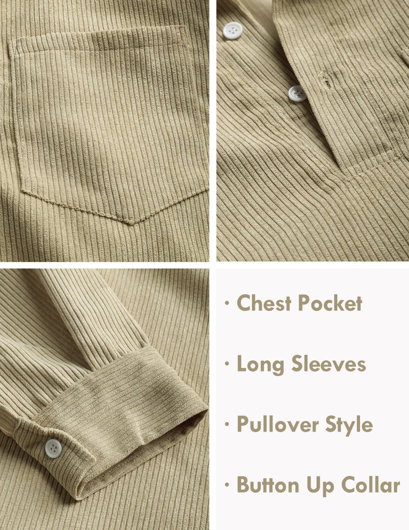 ZAFUL Pullover Corduroy Shirt for Men Long Sleeve Half Button Up Shirt with Pocket Casual Work Winter Shirt Khaki L - Image 4