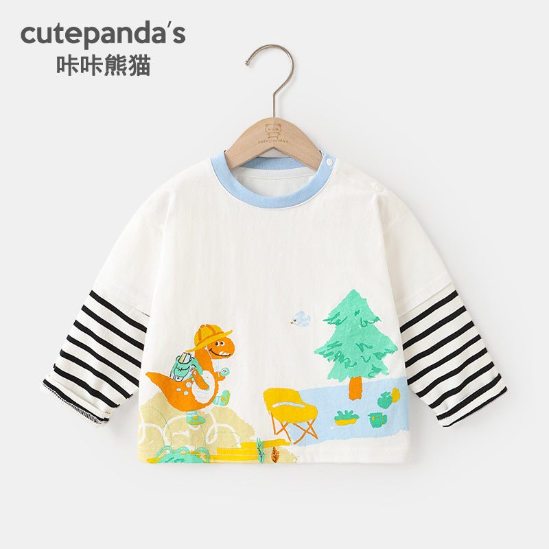 Kaka Panda Baby Two-In-One Long-Sleeve T-Shirt for Children,Spring Outfit,Boys and Girls Base Shirt,Baby Top