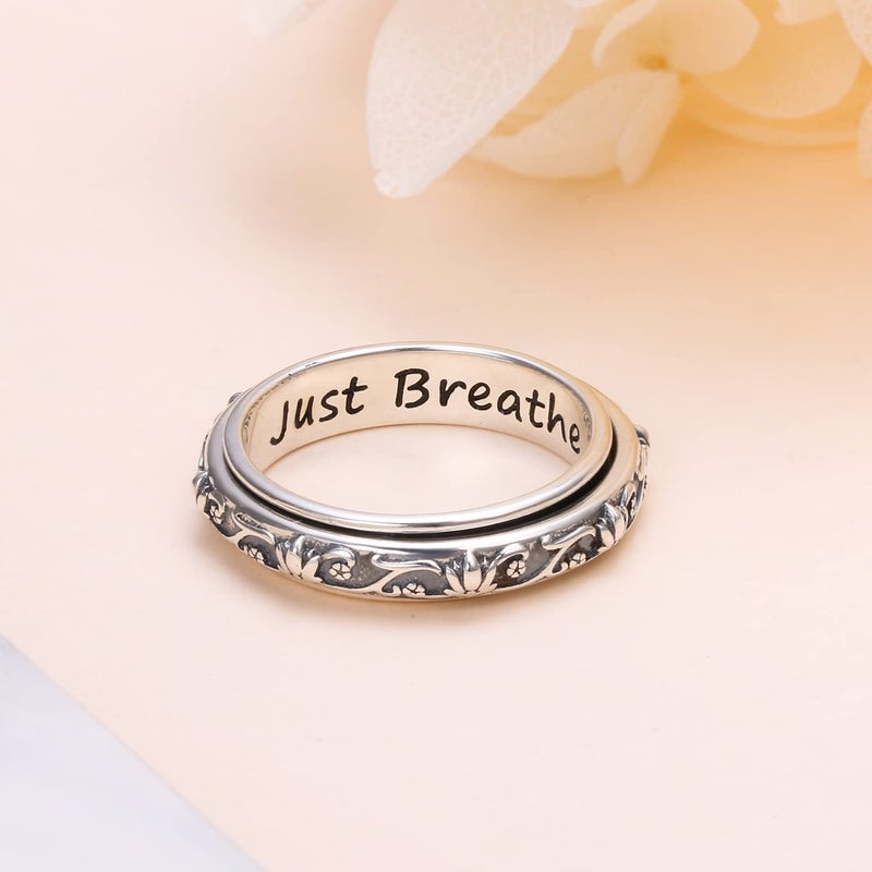 Ladytree Spinner Fidget Ring S925 Sterling Silver Lotus Flower Yoga Just Breathe Anxiety Worry Band Oxidized Stress Relieving Boredom ADHD Autism Rings for Women Men,Size 7 - Image 5