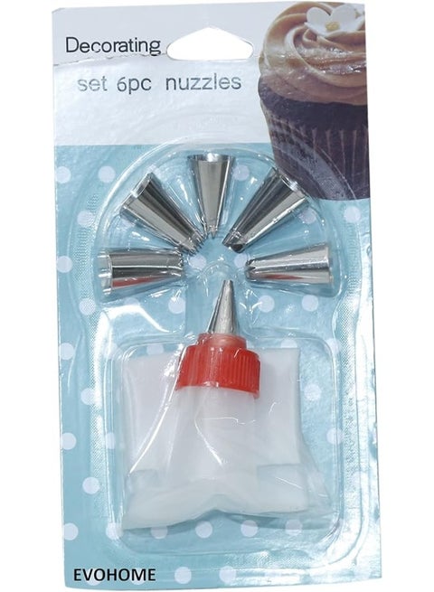 Cake Decorating Nozzle Set – 6 Pcs with Icing Bag for Frosting & Cream