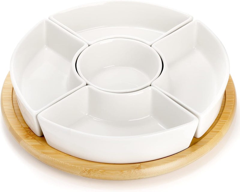 Lyellfe Divided Serving Dish Lazy Susan 360 Rotatable Porcelain Appetizer Snack Tray Platter for Fruit Veggies Candy Relish Tray for Christmas Thanksgiving Party 5 Removable Compartment White - Image 1