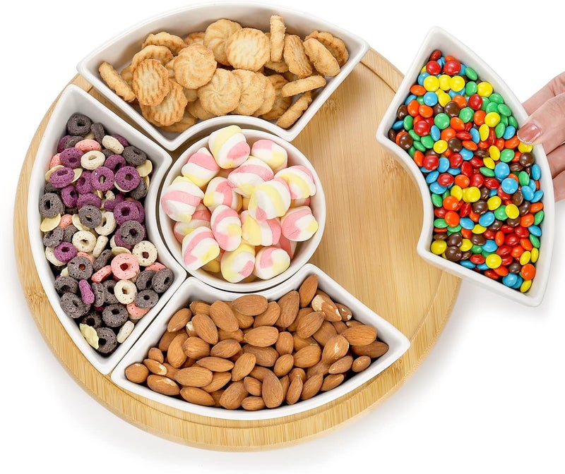 Lyellfe Divided Serving Dish Lazy Susan 360 Rotatable Porcelain Appetizer Snack Tray Platter for Fruit Veggies Candy Relish Tray for Christmas Thanksgiving Party 5 Removable Compartment White - Image 4