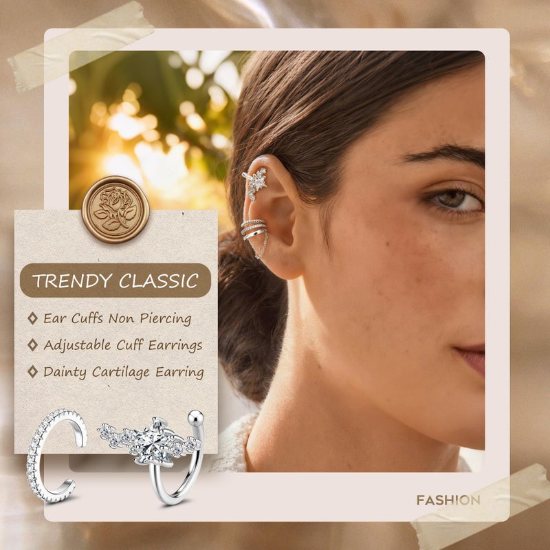 Florideco 4 PCS Ear Cuffs Non Piercing Hypoallergenic Silver Plated Ear Cuff Earrings for Women Trendy CZ Clip On Cartilage Earring Set Dainty Adjustable Fake Piercings Earrings Northstar - Image 2