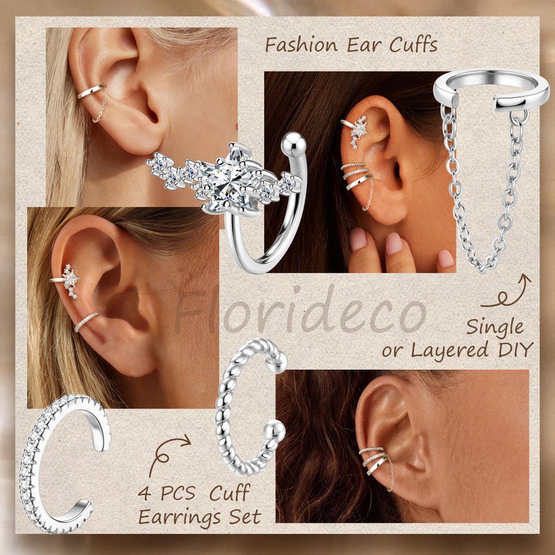Florideco 4 PCS Ear Cuffs Non Piercing Hypoallergenic Silver Plated Ear Cuff Earrings for Women Trendy CZ Clip On Cartilage Earring Set Dainty Adjustable Fake Piercings Earrings Northstar - Image 4