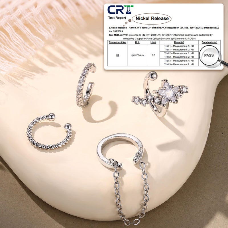 Florideco 4 PCS Ear Cuffs Non Piercing Hypoallergenic Silver Plated Ear Cuff Earrings for Women Trendy CZ Clip On Cartilage Earring Set Dainty Adjustable Fake Piercings Earrings Northstar - Image 3