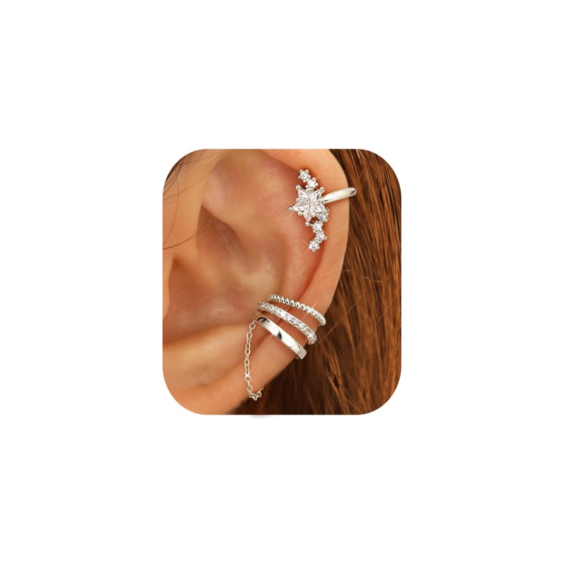 Florideco 4 PCS Ear Cuffs Non Piercing Hypoallergenic Silver Plated Ear Cuff Earrings for Women Trendy CZ Clip On Cartilage Earring Set Dainty Adjustable Fake Piercings Earrings Northstar - Image 1